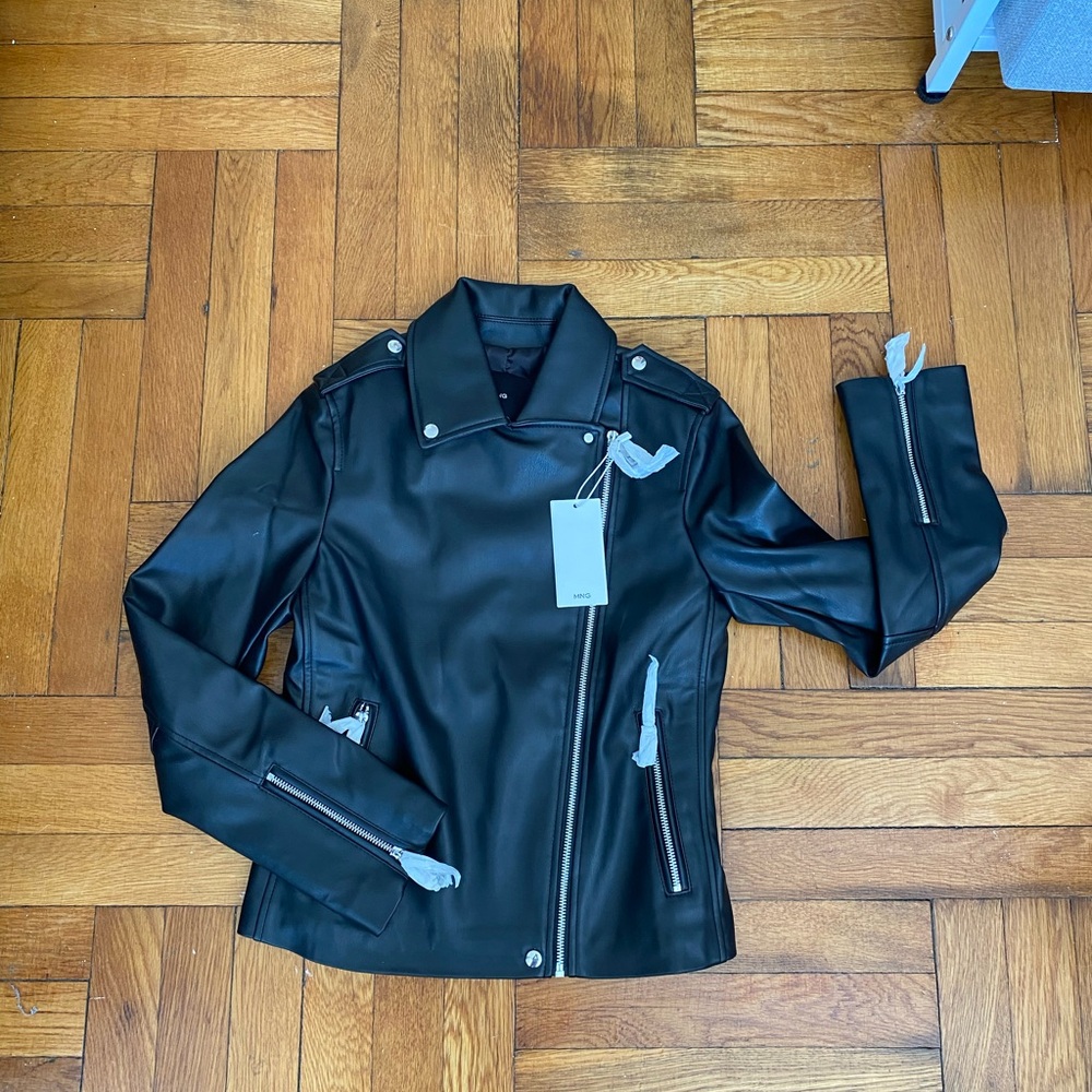 NWT MANGO FAUX-LEATHER BIKER JACKET Women's Black - XS - Picture 4 of 12